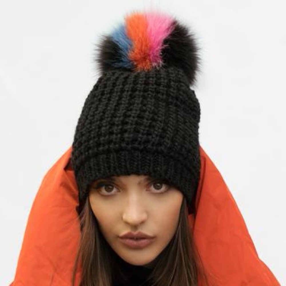 Kyi Kyi black knit beanie with multicolor fox Pom Pom